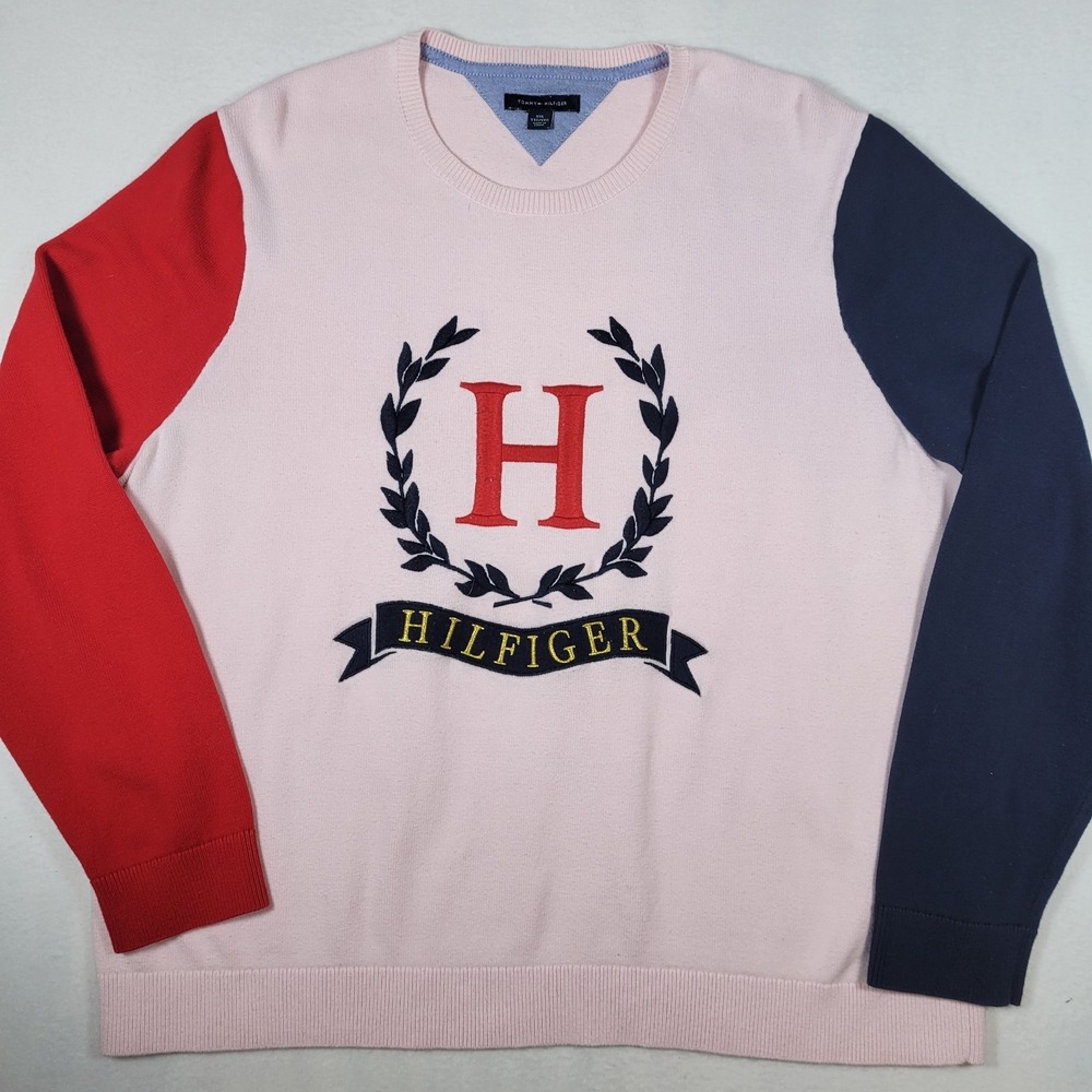 Tommy Hilfiger Spellout Colorblock Sweater, Women's Size XL Cotton‎ Blend